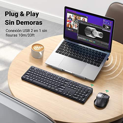 UGREEN Kit Teclado y Mouse Inalámbrico, Conexión Inalámbrica 2.4 GHz con Receptor USB Unifying, Mouse 5 Niveles dpi hasta 4000, Combo Teclado Compacto y Mouse Inalámbricos para Windows, macOS X10.8